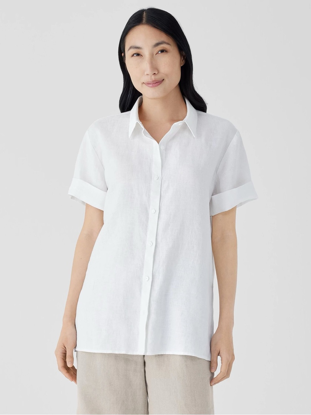 Eileen Fisher Organic Linen Short Sleeve Long Shirt Womens Xs White Button Up